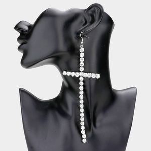 6.5" Cross Oversized Silver Plated Earrings